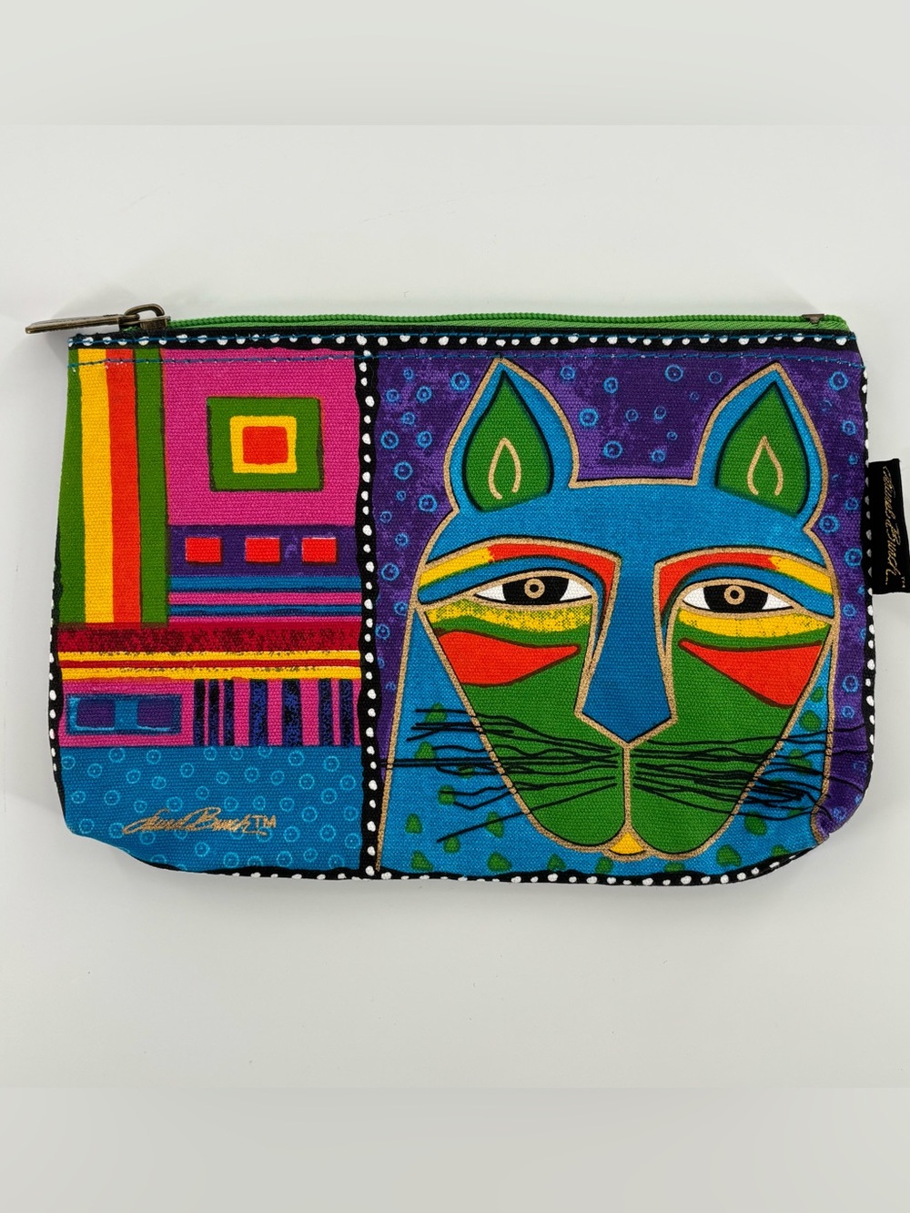 Laurel Burch Canvas Zipper Pouch Colorful Cat Blue Makeup Bag Cosmetics Travel